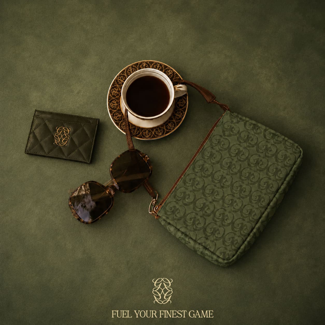 The drinkware is where the brand does most of its public work, so we treated the cup as the club uniform. Double wall cups in heritage green with the tonal monogram repeat and the crest in champagne gold. A premium coffee pouch in the same pattern, a two-cup carrier in tonal stripe, a ceramic matcha bowl with the crest debossed, and an espresso set in plain white and black so the pattern never fights the ritual. Every piece is tactile, dual language, and finished so it reads as an object rather than disposable packaging. — GAWE