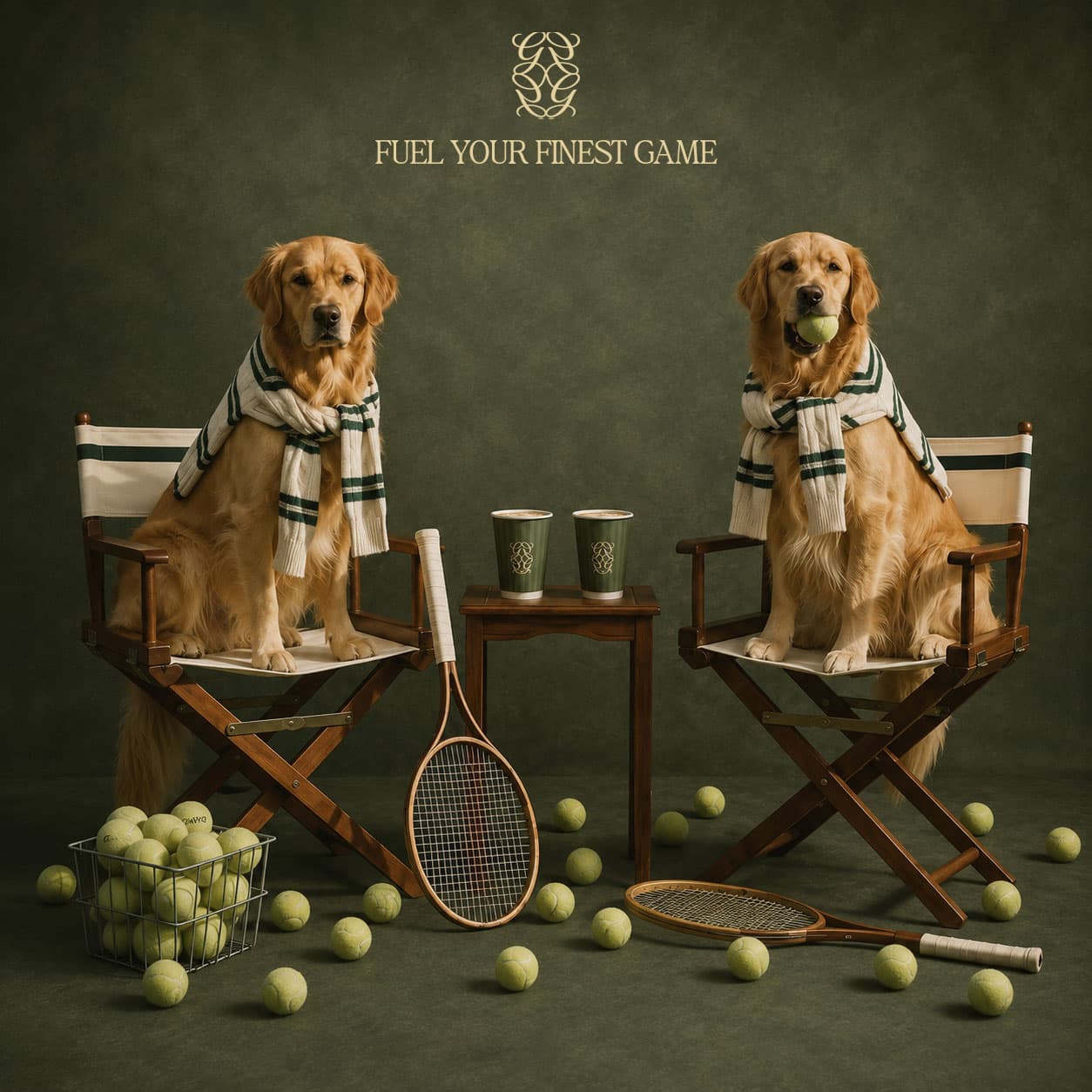 Grainy film, golden hour, deep shadow, painted studio backdrops in the same green as the identity. The rules: nothing lit brightly, nothing shot flat, everything either mid-ritual or mid-stillness. We shot three worlds. Studio still life, product staged like a heritage catalogue against canvas. Court and clubhouse portraits, cable knits and cream shorts on a bench, gold Cartier on a wrist gripping a racket. And the automotive world, vintage Porsche and Cadillac interiors in olive leather with the packaging placed like it belongs to whoever owns the car. Faces are calm and unsmiling. The dogs in the director chairs are the one wink, and it works because everything around it is played straight. — GAWE