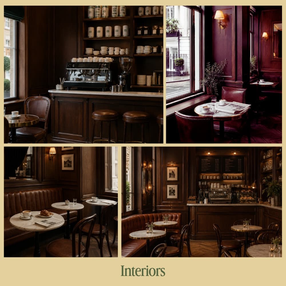 We took the club out of Mayfair and built it as a cafe. Walnut panelling, brass rails, herringbone floors, oxblood leather booths and small marble tables. Lighting stays low and warm, sconces and picture lights only, so the room sits in the same shadow as the photography. Framed prints, bean jars on open shelves, cups stacked on the machine, all staged to look accumulated rather than installed. The layout is built for stillness, not laptops. The room tells you how long to stay and how quiet to be, which is the brand said in wood and leather instead of type. — GAWE
